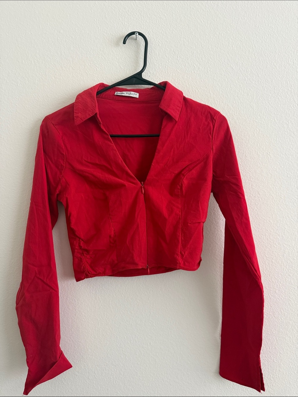 Bershka Red Cropped Button-Down Zip Shirt